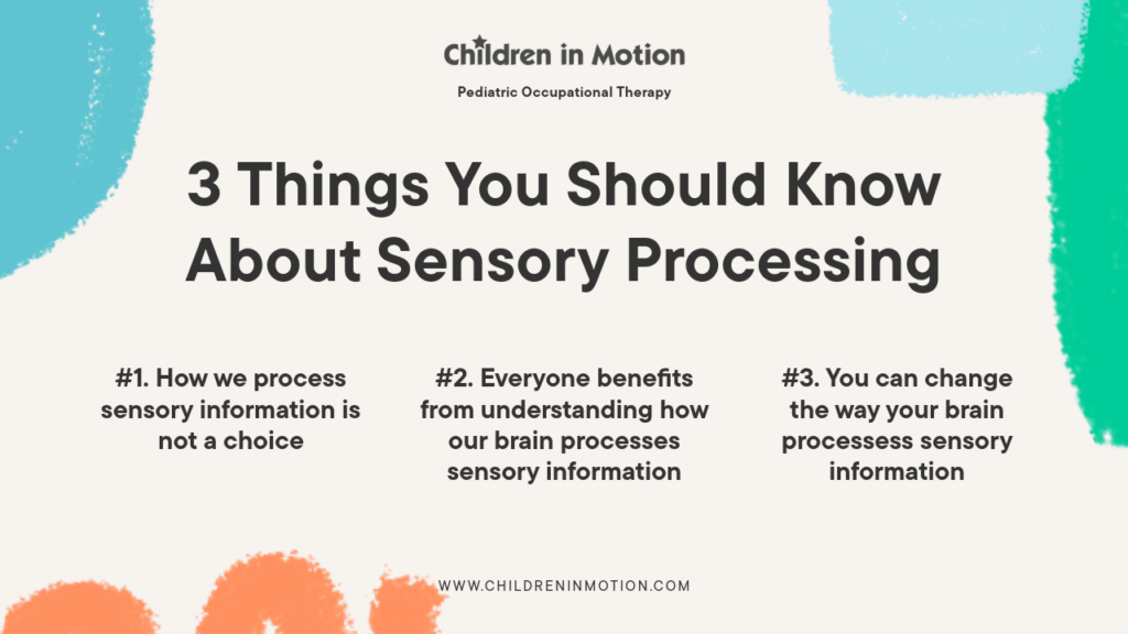 graphic with beige background and four abstract shapes with the text reading 3 things you should know about sensory processing